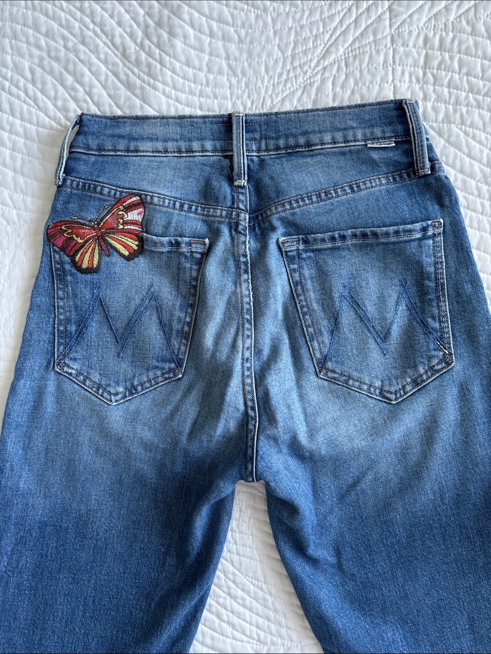 Mother Jeans the Tripper Wander Dust Butterfly Patch High Waist Cropped Button